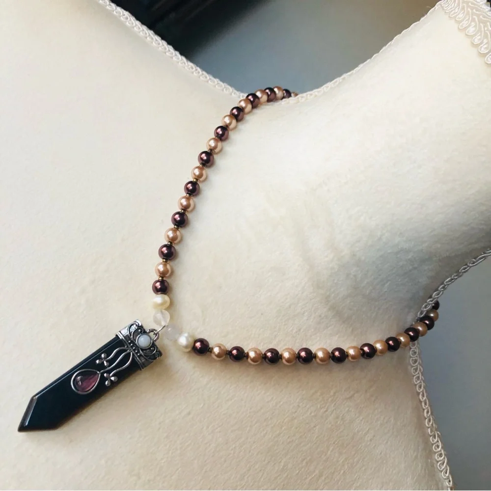 Handcrafted repurpose Tiger eye stone pendant Czech glass Pearl necklace